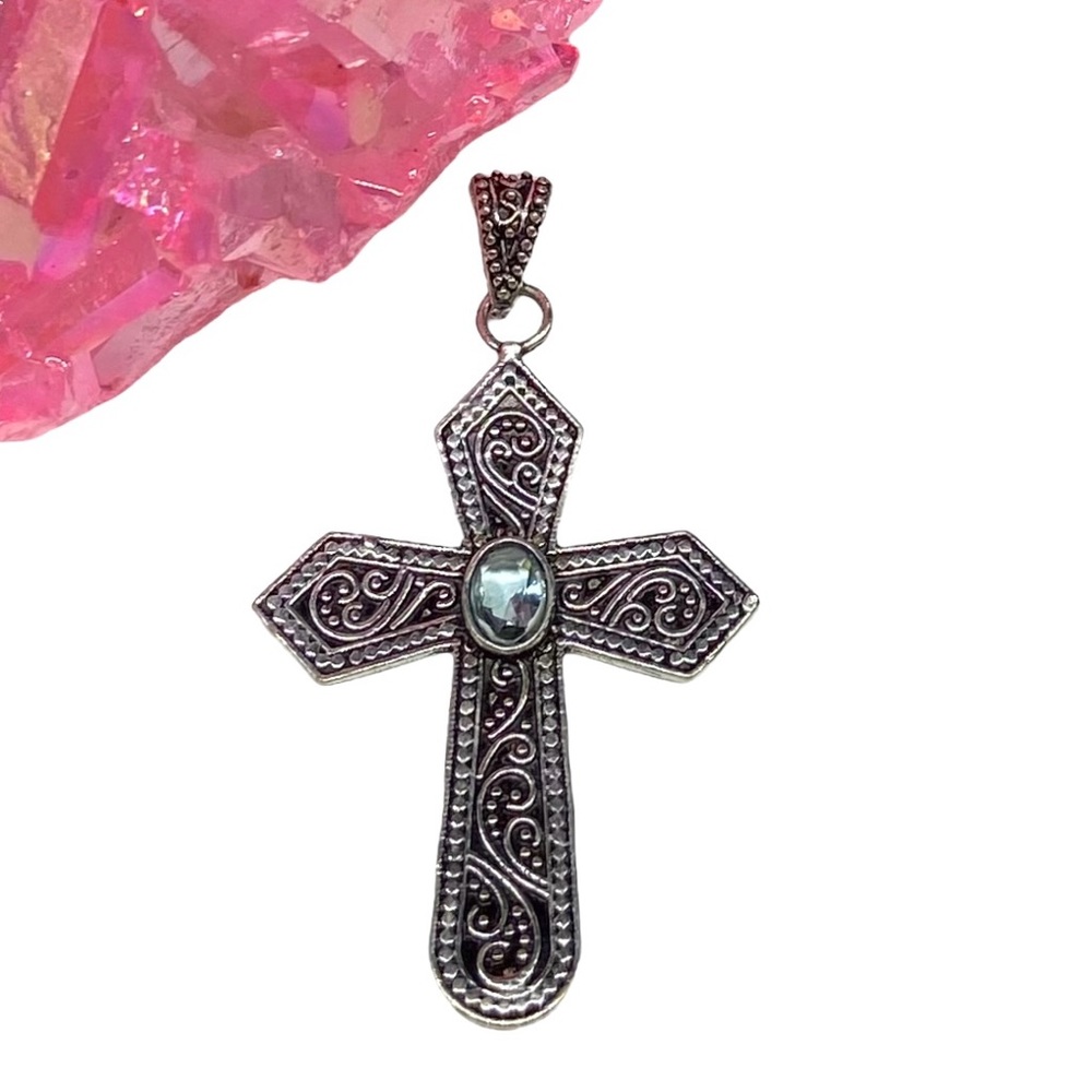 Artisan Silver-Tone Filigree Cross Pendant with Light Blue Stone